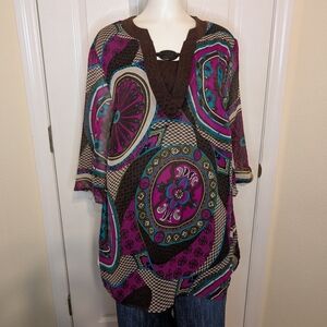 Maggie Barnes Women's XL 14/16 Blouse 3/4 Sleeve Geometric Brown Fuchsia V-Neck